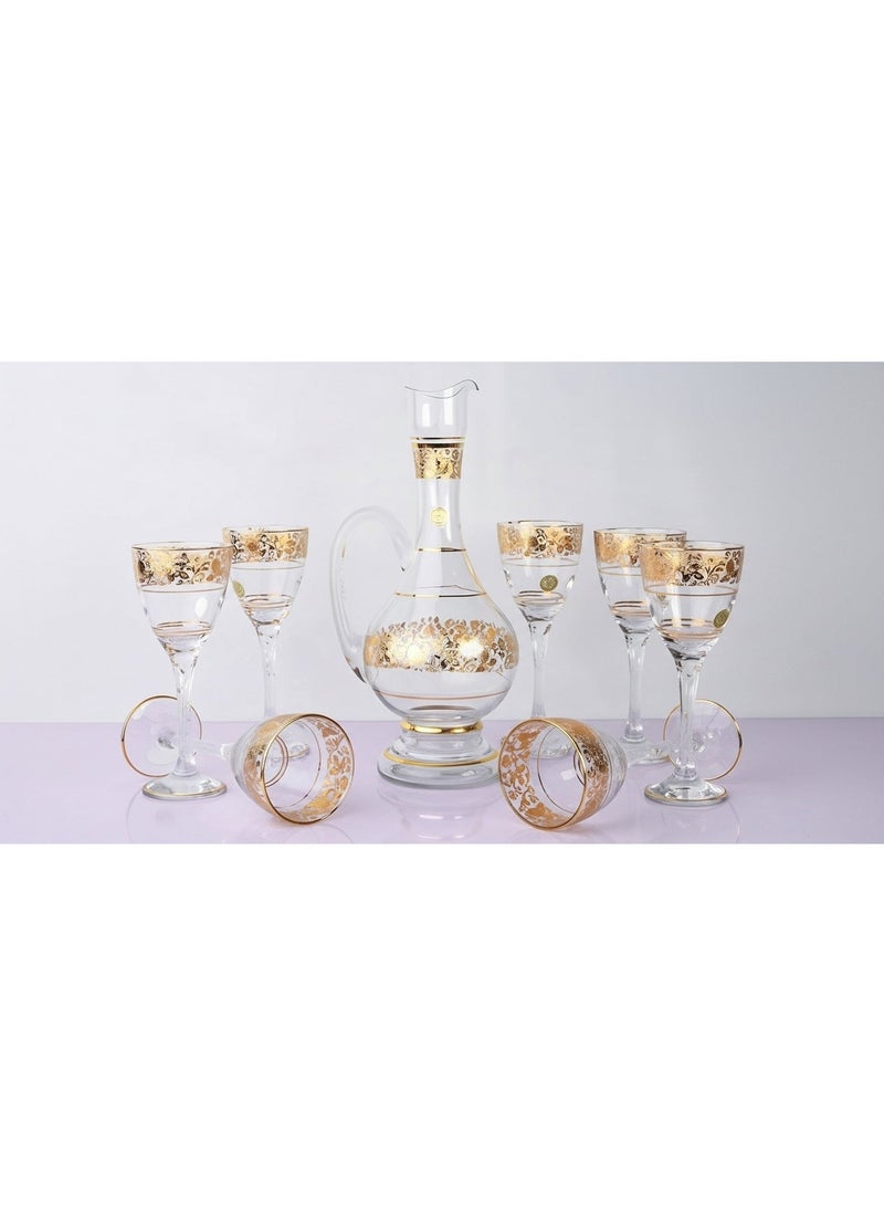 general Luxury Bohemian Crystal Decanter & Glasses Set 7 Pieces Gold Decor - Image 1